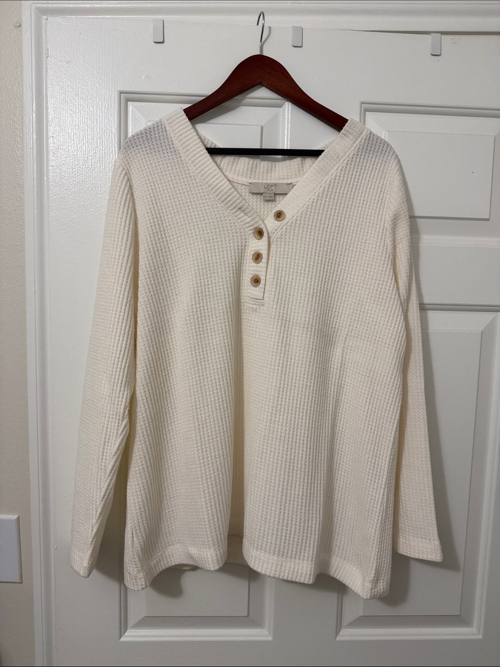 LOFT Cream V-Neck Waffle Henley Sweater